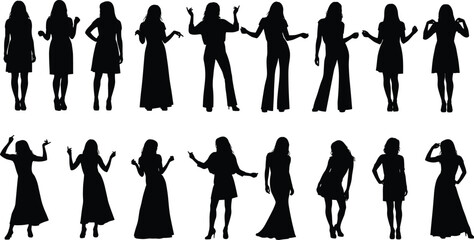 Silhouette women posing in stylish outfits and expressive gestures, fashion illustration collection, modern feminine style concept, elegant posture design for creative projects