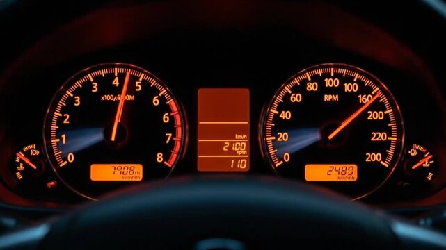 Car Dashboard Gauges Illuminated at Night.
