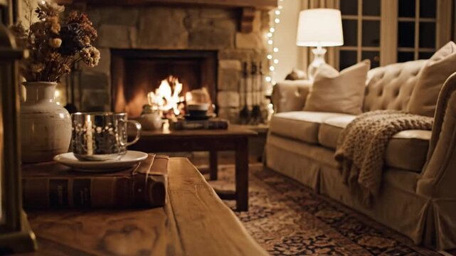 P91-Close-up view of a wooden tabletop with decorative elements showcasing a cozy living room scene as 4K 10s