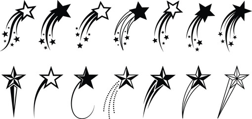 Shooting star icons collection, falling stars and comet trails, minimal black silhouette symbols for magic night sky design illustration © MdAnoar