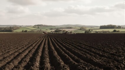 Freshly plowed field ready for planting in the countryside.