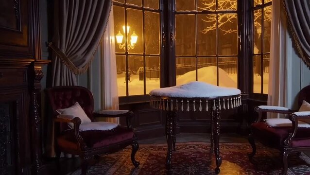 Cozy Victorian Living Room with Fireplace and Snowfall Outside Window