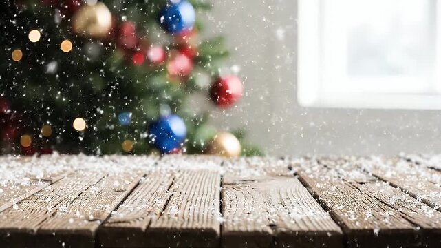 Snow on a wooden table with Christmas tree ornaments.
