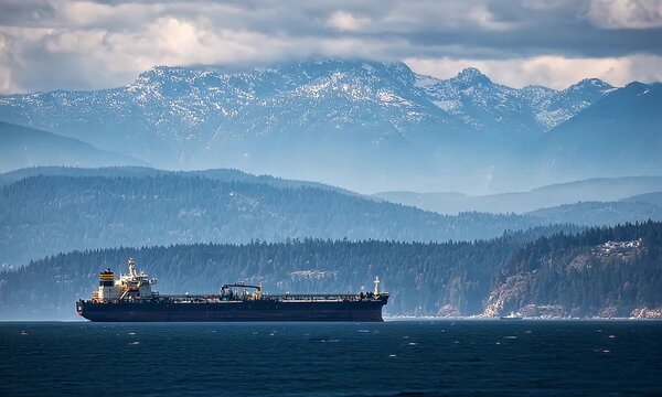Navigating Vast Seascape with a Calm Cargo Vessel Across Mountain Backdrop