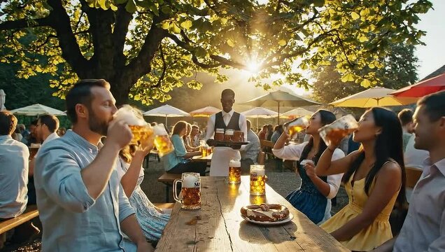 Friends toasting with beer at an outdoor beer garden during sunset.