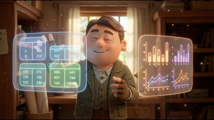 Animated character interacting with virtual data displays - Powered by Adobe