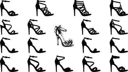 Women high heel shoe icon collection, elegant fashion footwear silhouettes and outline illustration set, stylish stiletto designs isolated on white background