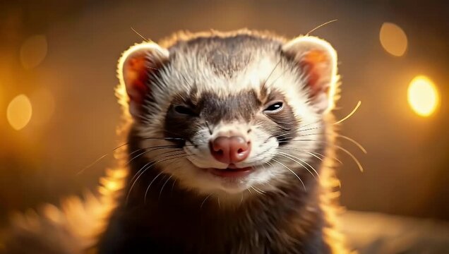 Close-Up of a Delightful Ferret with Bright Eyes and Playful Expression on a Bokeh Background