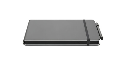 Closed Gray Notebook with Pen on White Background for Office and Stationery Use