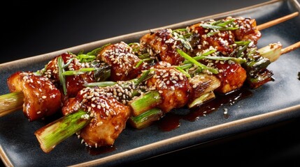Japanese street food Yakitori, skewers of juicy grilled chicken and scallions, golden brown and glossy with tare sauce glaze, served on a rectangular ceramic plate
