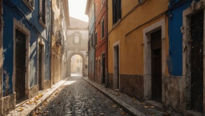 Fototapeta premium Narrow European Alleyway with Cobblestone Street and Old Buildings.