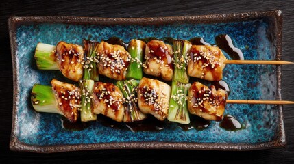 Japanese street food Yakitori, skewers of juicy grilled chicken and scallions, golden brown and glossy with tare sauce glaze, served on a rectangular ceramic plate
