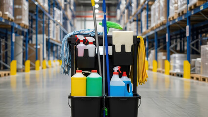 Professional janitorial cleaning cart with various supplies, mops, and chemicals inside a large warehouse aisle