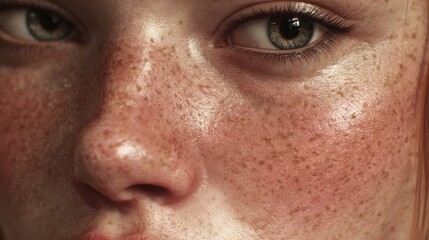 portrait of a young woman, face centered and filling the frame, flawless photoreal skin detail with visible pores, soft natural freckles, tiny peach fuzz hairs, natural skin shine

