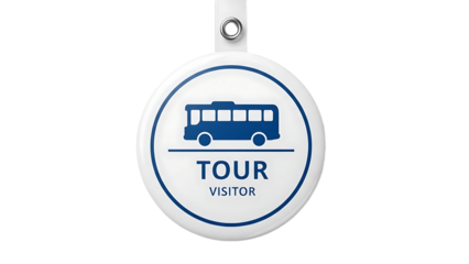 Tour Visitor Badge Round White and Blue with Bus Icon and Text