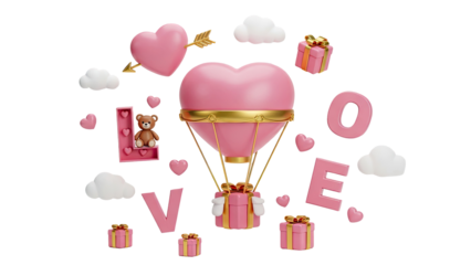 3D Love Hot Air Balloon with Teddy Bear, Gifts, Hearts and Clouds on transparent background