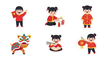 Chinese New Year Celebration Icons - Kids with Firecrackers, Lanterns, Lion Dance, and Dumplings isolated on white background