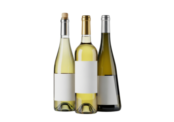 three premium white wine bottles (hock, bordeaux, burgundy shapes) with blank labels, isolated on a white reflective surface with dramatic rim lighting, concept for commercial product branding mockup