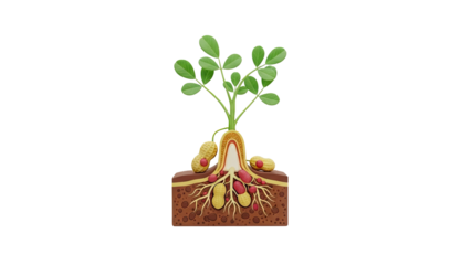 3D Peanut plant cross section showing roots, peanuts and leaves on transparent background
