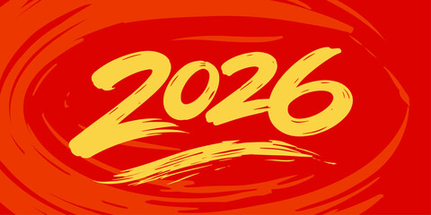 Red brush stroke background with golden 2026 text