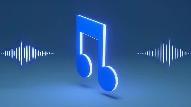 Abstract glowing blue musical notes with sound waves on a gradient blue background, symbolizing digital audio and modern technology.