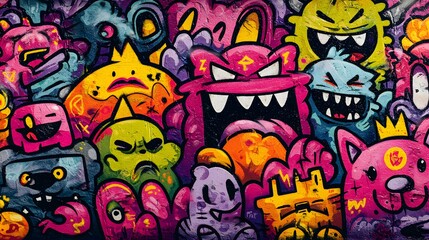 Vibrant Graffiti Art Featuring a Motley Crew of Colorful Cartoon Monsters.