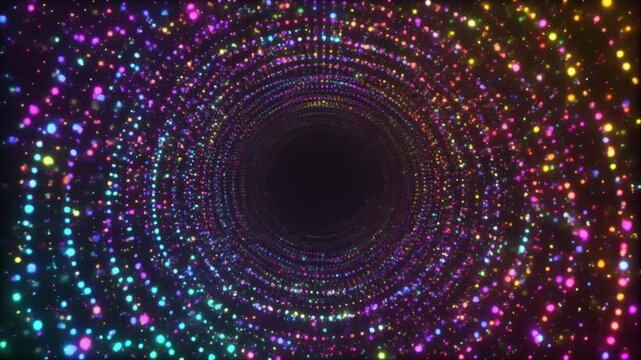 Vibrant multicolored lights spiral around a dark central void in a circular pattern