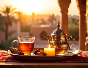 Tea setting on a tray with sunset view