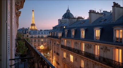 Paris at blue hour: a Haussmann apartment facade in creamy limestone with a black zinc mansard roof and chimney pots; warm glowing windows
