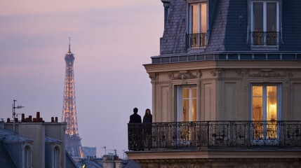 Paris at blue hour: a Haussmann apartment facade in creamy limestone with a black zinc mansard roof and chimney pots; warm glowing windows

