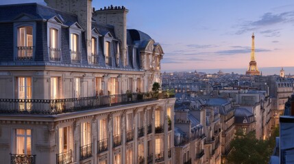 Paris at blue hour: a Haussmann apartment facade in creamy limestone with a black zinc mansard roof and chimney pots; warm glowing windows
