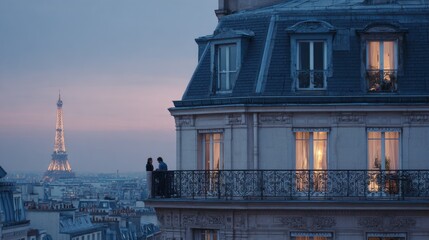 Paris at blue hour: a Haussmann apartment facade in creamy limestone with a black zinc mansard roof and chimney pots; warm glowing windows
