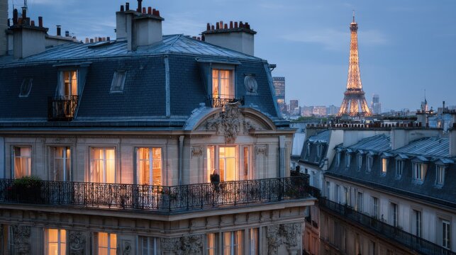 Paris at blue hour: a Haussmann apartment facade in creamy limestone with a black zinc mansard roof and chimney pots; warm glowing windows
