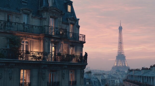 Paris at blue hour: a Haussmann apartment facade in creamy limestone with a black zinc mansard roof and chimney pots; warm glowing windows
