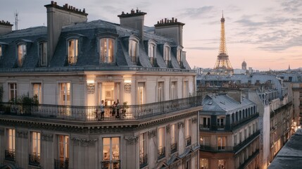 Paris at blue hour: a Haussmann apartment facade in creamy limestone with a black zinc mansard roof and chimney pots; warm glowing windows
