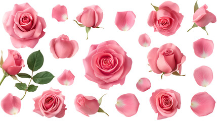 Assortment of delicate pink rose blooms buds and individual petals scattered artistically against transparent background for beautiful floral design