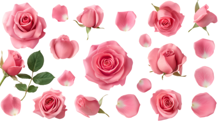 Assortment of delicate pink rose blooms buds and individual petals scattered artistically against transparent background for beautiful floral design