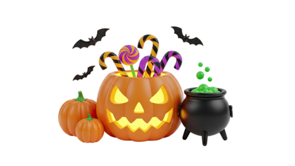 3D Halloween Pumpkin Jack-o'-lantern with Candy and Witch's Cauldron on transparent background