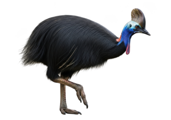 A vibrant bird with a blue head and black body standing on a transparent background