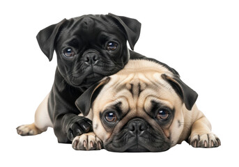 Obraz premium Two adorable pug dogs lying together on transparent background