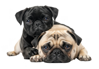 Two adorable pug dogs lying together on transparent background