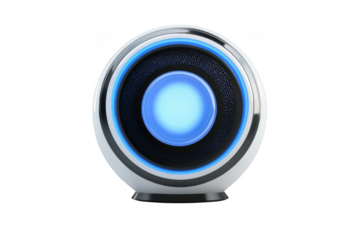 A sleek, modern speaker with a glowing blue light on transparent background