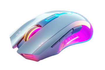 A sleek white gaming mouse with colorful lights on transparent background