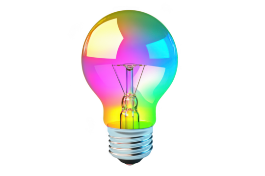 A colorful light bulb with a rainbow glow on transparent background - Powered by Adobe
