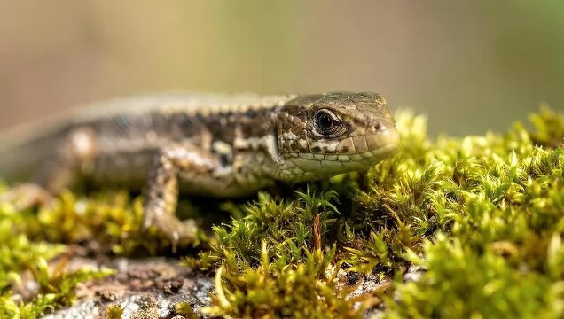 Common Lizard on Green Moss, Detailed Scales and Eyes in Nature, Macro Shot