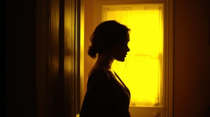 Cinematic portrait of a woman standing under a door frame, silhouetted against a strong, piercing yellow light illuminating the background
