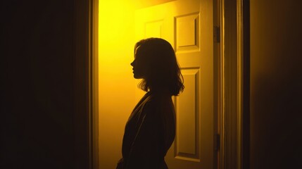 Cinematic portrait of a woman standing under a door frame, silhouetted against a strong, piercing yellow light illuminating the background
