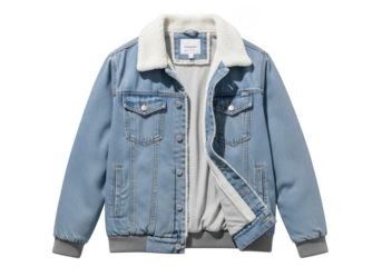 A denim jacket with a white fleece collar and cuffs on transparent background