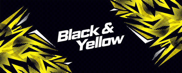 Abstract Sports Banner Design with Sharp Yellow and White Shapes and Halftone Pattern on a Black Background. Sports Banner or Poster Design Elements