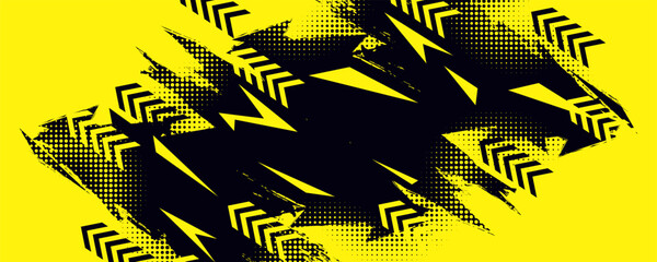 Black and Yellow Grunge Background with Arrow Shapes and Halftone Pattern. Abstract Sport Banner or Poster Design